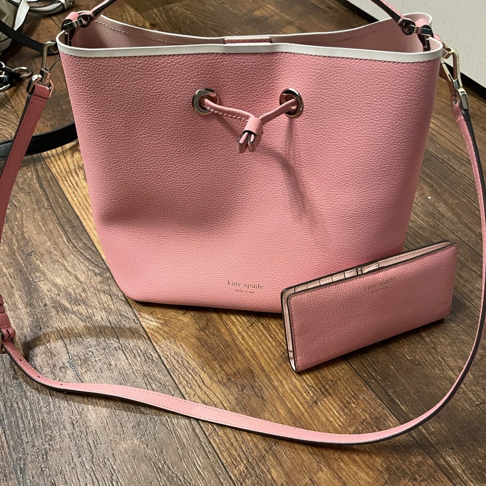 Kate Spade Pink Leather Bucket Handbag w/ Silver Accents & Matching Wallet